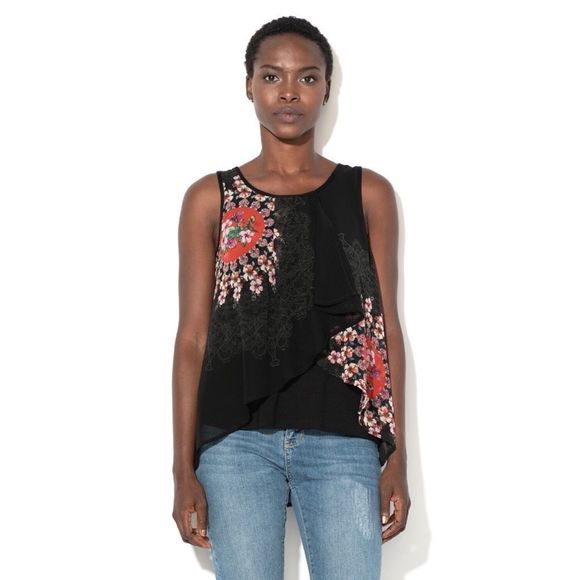 Desigual boho Sleeveless Blouse Lucile black colourful floral asymmetrical flowy - Picture 2 of 14